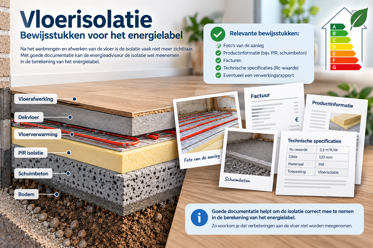Bewijsstukken van vloerisolatie met foto's, factuur en technische gegevens voor het energielabel