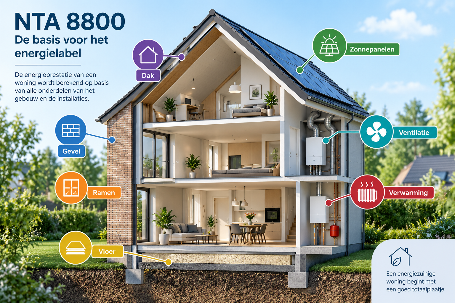 NTA 8800 berekening van energielabel op basis van dak, gevel, ramen, vloer, verwarming, ventilatie en zonnepanelen