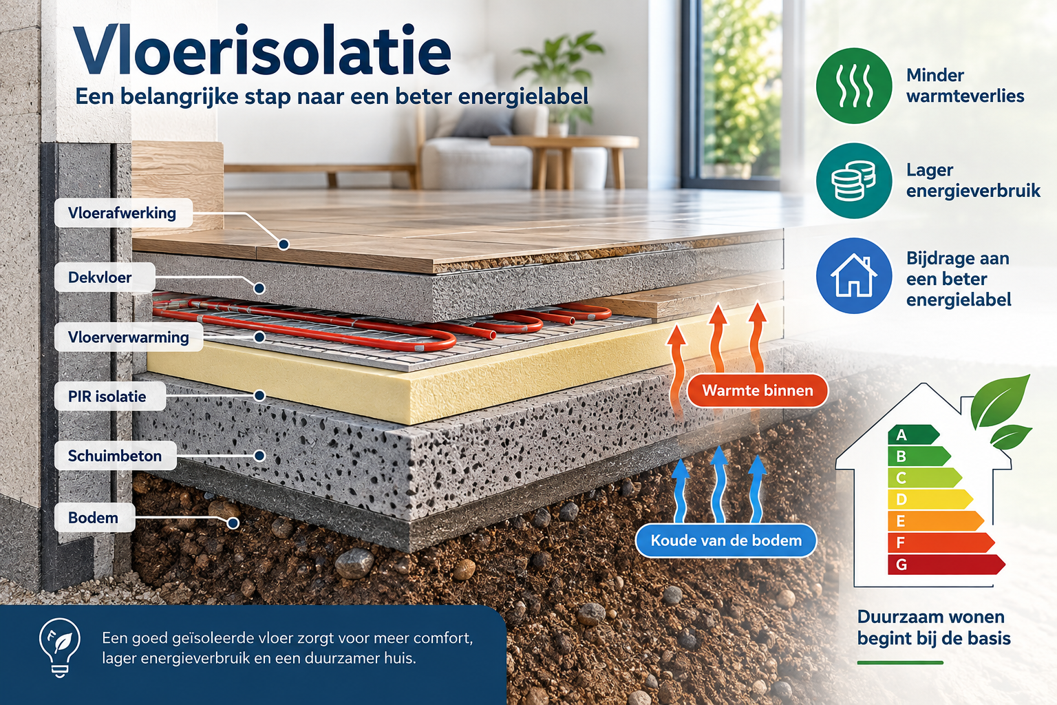 Opbouw van vloerisolatie met schuimbeton, PIR isolatie en vloerverwarming voor een beter energielabel